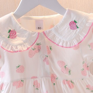 Váy bé gái ngắn tay cổ lá sen thêu quả dâu xinh xắn vải thô cotton mỏng cho mùa hè D1079 Bí Ngô Nhỏ