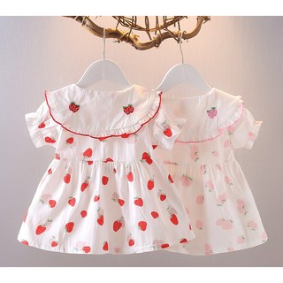 Váy bé gái ngắn tay cổ lá sen thêu quả dâu xinh xắn vải thô cotton mỏng cho mùa hè D1079 Bí Ngô Nhỏ
