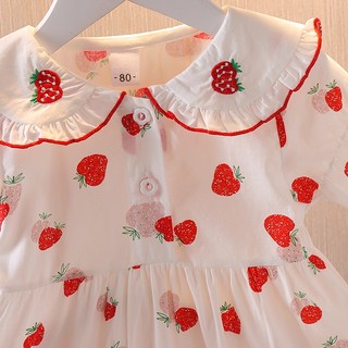 Váy bé gái ngắn tay cổ lá sen thêu quả dâu xinh xắn vải thô cotton mỏng cho mùa hè D1079 Bí Ngô Nhỏ