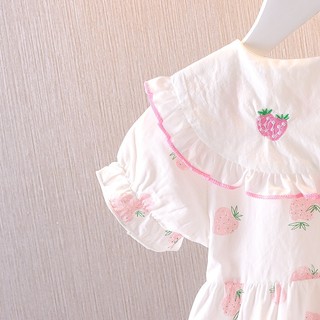 Váy bé gái ngắn tay cổ lá sen thêu quả dâu xinh xắn vải thô cotton mỏng cho mùa hè D1079 Bí Ngô Nhỏ