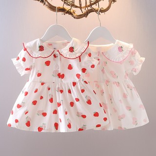 Váy bé gái ngắn tay cổ lá sen thêu quả dâu xinh xắn vải thô cotton mỏng cho mùa hè D1079 Bí Ngô Nhỏ