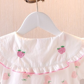 Váy bé gái ngắn tay cổ lá sen thêu quả dâu xinh xắn vải thô cotton mỏng cho mùa hè D1079 Bí Ngô Nhỏ