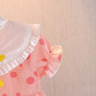 Váy bé gái ngắn tay cổ lá sen họa tiết chấm bi thêu vịt xinh xắn D1080 Bí Ngô Nhỏ