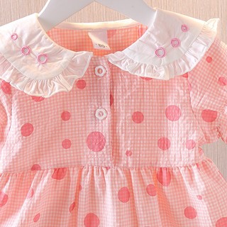 Váy bé gái ngắn tay cổ lá sen họa tiết chấm bi thêu vịt xinh xắn D1080 Bí Ngô Nhỏ