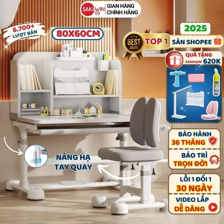(Bản Đặc Biệt) Bộ bàn học chống gù Sakawin A16 Cải tiến, Bàn ghế học sinh có giá sách Nâng hạ tay quay tiện lợi