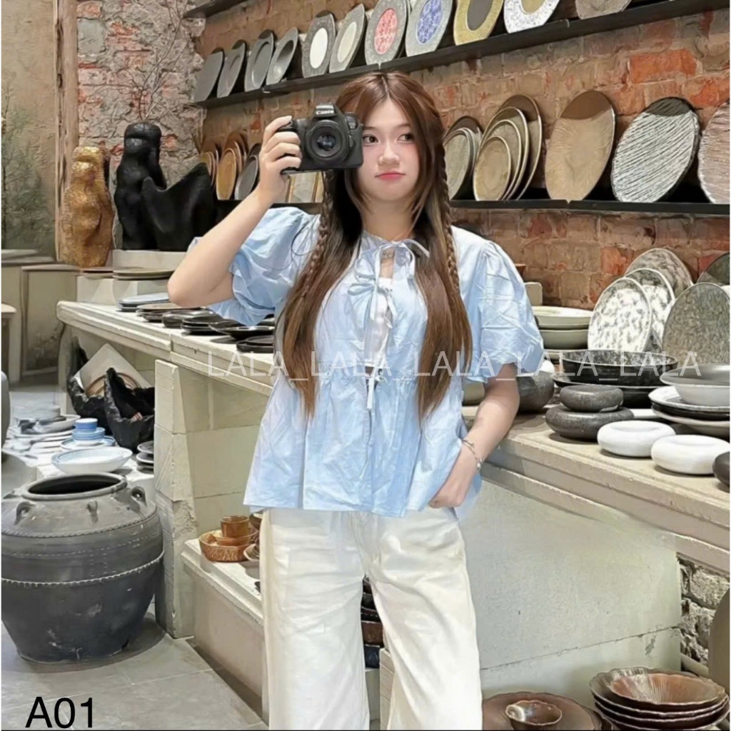 Áo babydoll kèm áo quây buộc dây nơ xinh xỉu, dáng rộng freesize dưới 56kg LALASTORE A01