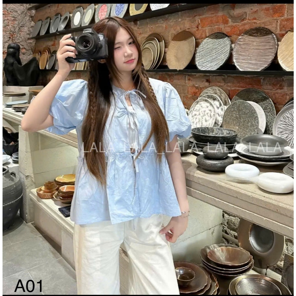 Áo babydoll kèm áo quây buộc dây nơ xinh xỉu, dáng rộng freesize dưới 56kg LALASTORE A01