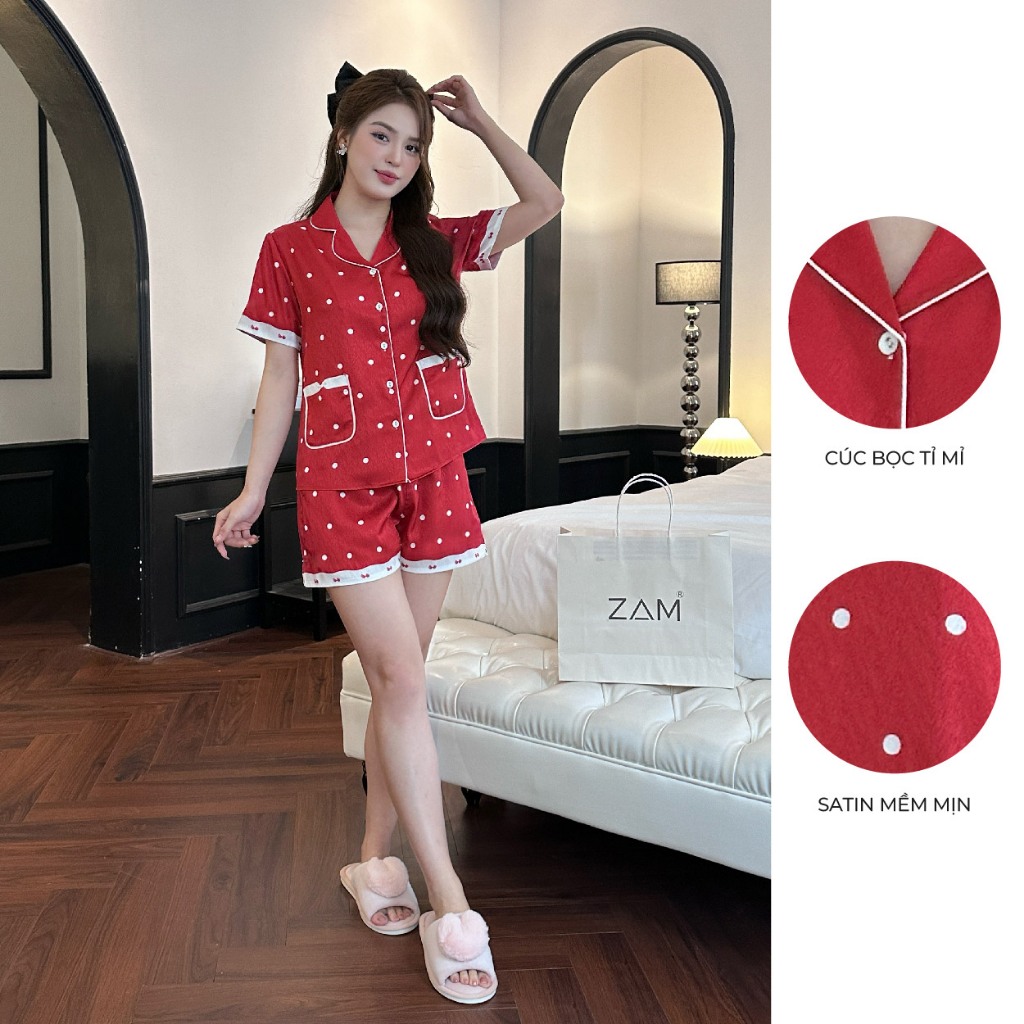 Ảnh BỘ MẶC NHÀ SHE BY ZAM - TCDA74 - BỘ NGẮN TAY QUẦN ĐÙI CHẤM BI ĐỎ TÚI NƠ 1