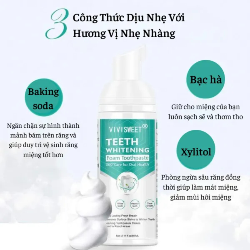 Bọt Làm Trắng Sạch Răng Vivisweet Trắng Răng, Giảm Hôi Miệng, Sạch Vết Bẩn Mảng Bám Lâu Ngày Trên Răng Miệng