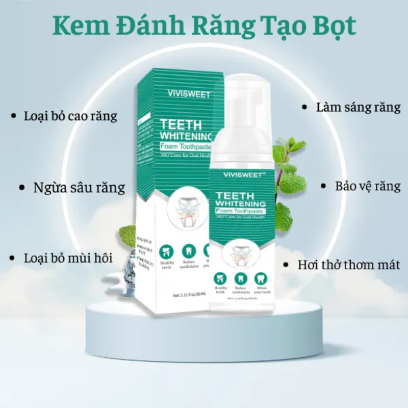 Bọt Làm Trắng Sạch Răng Vivisweet Trắng Răng, Giảm Hôi Miệng, Sạch Vết Bẩn Mảng Bám Lâu Ngày Trên Răng Miệng