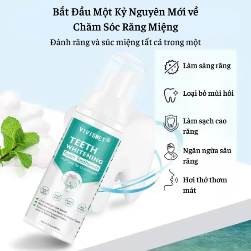 Bọt Làm Trắng Sạch Răng Vivisweet Trắng Răng, Giảm Hôi Miệng, Sạch Vết Bẩn Mảng Bám Lâu Ngày Trên Răng Miệng