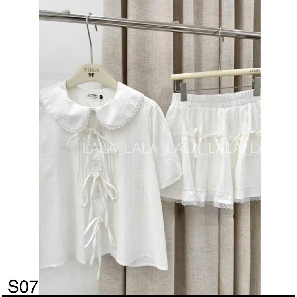 Set áo babydoll cổ ren buộc nơ kèm chân váy cạp chun basic dễ mặc LALASTORE S003