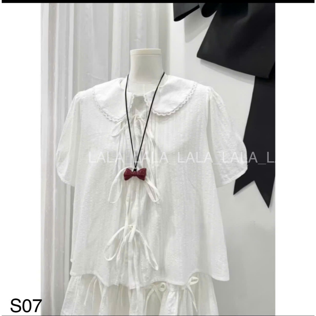 Set áo babydoll cổ ren buộc nơ kèm chân váy cạp chun basic dễ mặc LALASTORE S003