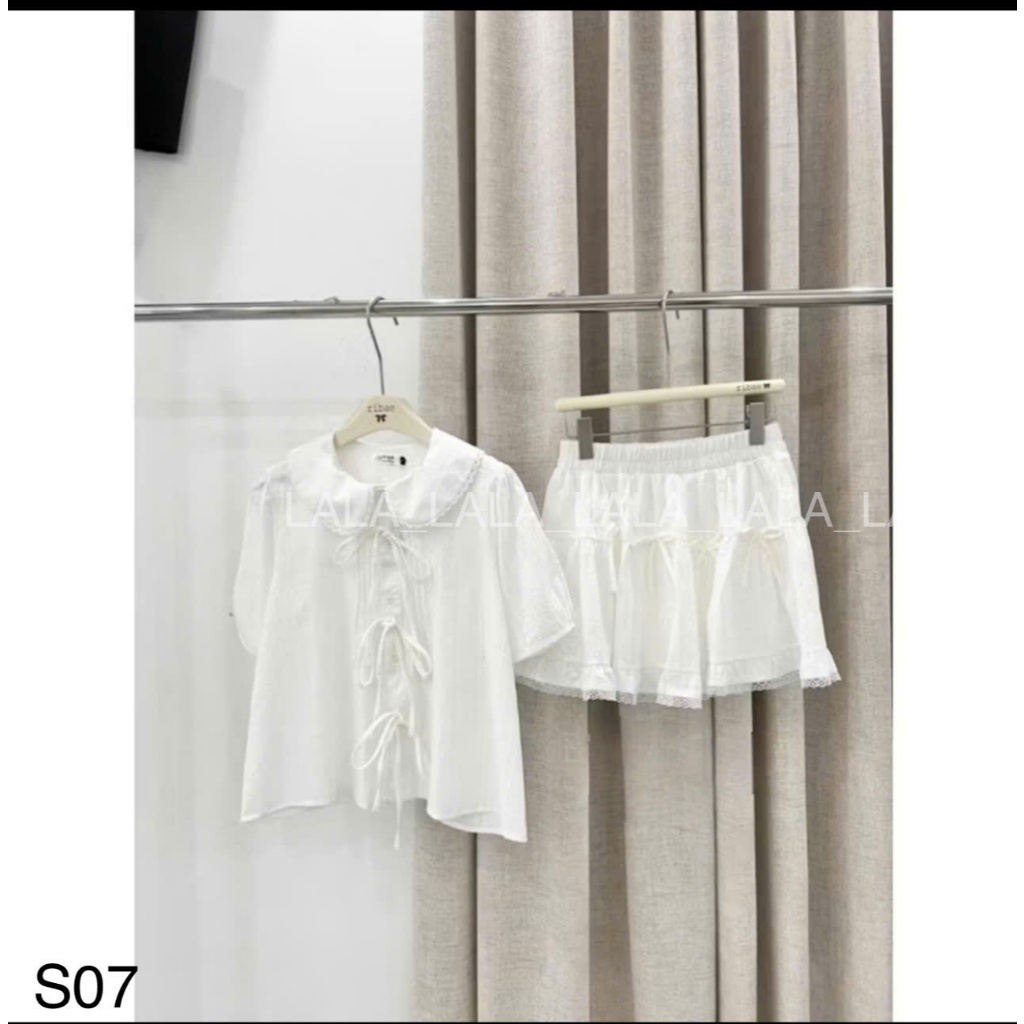 Set áo babydoll cổ ren buộc nơ kèm chân váy cạp chun basic dễ mặc LALASTORE S003