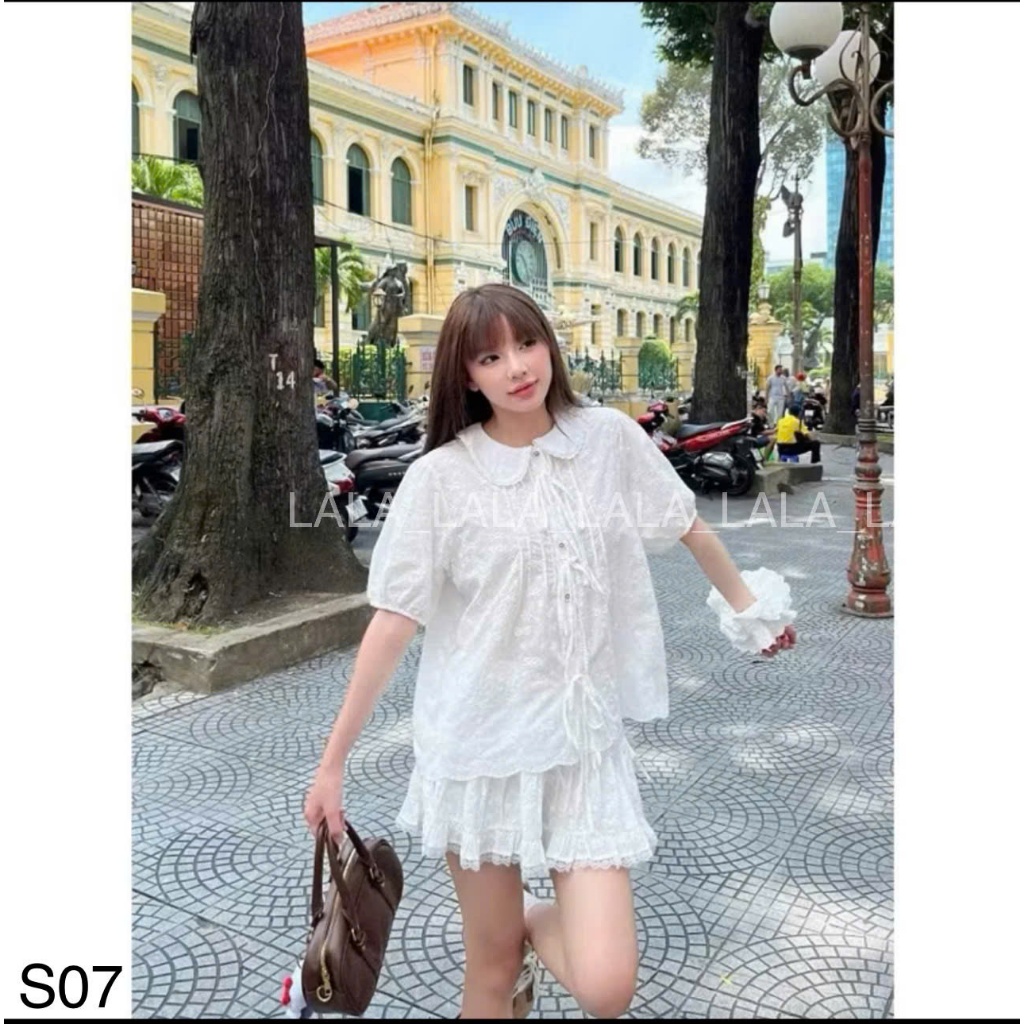 Set áo babydoll cổ ren buộc nơ kèm chân váy cạp chun basic dễ mặc LALASTORE S003