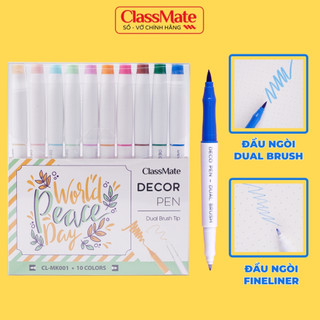 Bút Decor Pen 2 Đầu Classmate Bút Brush Viết Calligraphy Bộ 10 Màu Có Đầu Ngòi Đi Nét Siêu Mảnh Trang Trí Sổ Vở CL-MK001