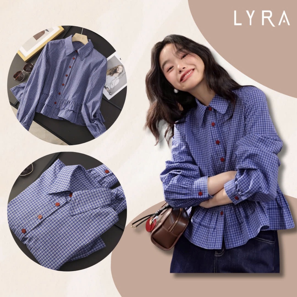 Ảnh Áo sơ mi kẻ caro LYRA dáng suông, babydoll thiết kế đuôi áo xếp tầng bánh bèo chất thô cotton LWNSM008 1