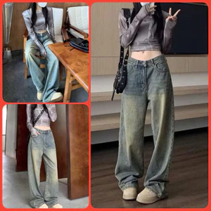 Quần Jean Ống Rộng Nữ Màu Xanh Bụi Lưng Cao. Quần Bò Ống Suông Phong Cách Retro Ulzzang Hàn Quốc