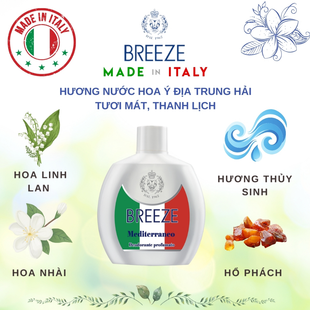 [GIẢM 50%] Xịt Khử Mùi Cơ Thể Không Gas Breeze Squeeze Mediterraneo 100ml – Hương Ý – Khử Mùi 48h