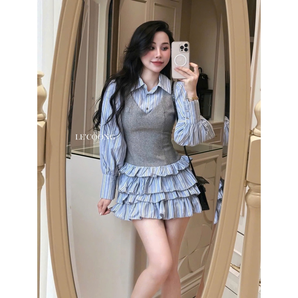Ảnh Váy Đẹp Dáng Ngắn Xếp Tầng LECOONG V745 Đầm Tiểu Thư Màu Xanh Phối Gile Sang Chảnh 3