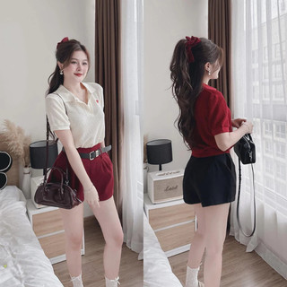 Set nữ sang chảnh, set đồ thiết kế áo polo dệt kim cộc tay phối quần short ngắn basic trẻ trung cá tính Yuumi HCOM25014