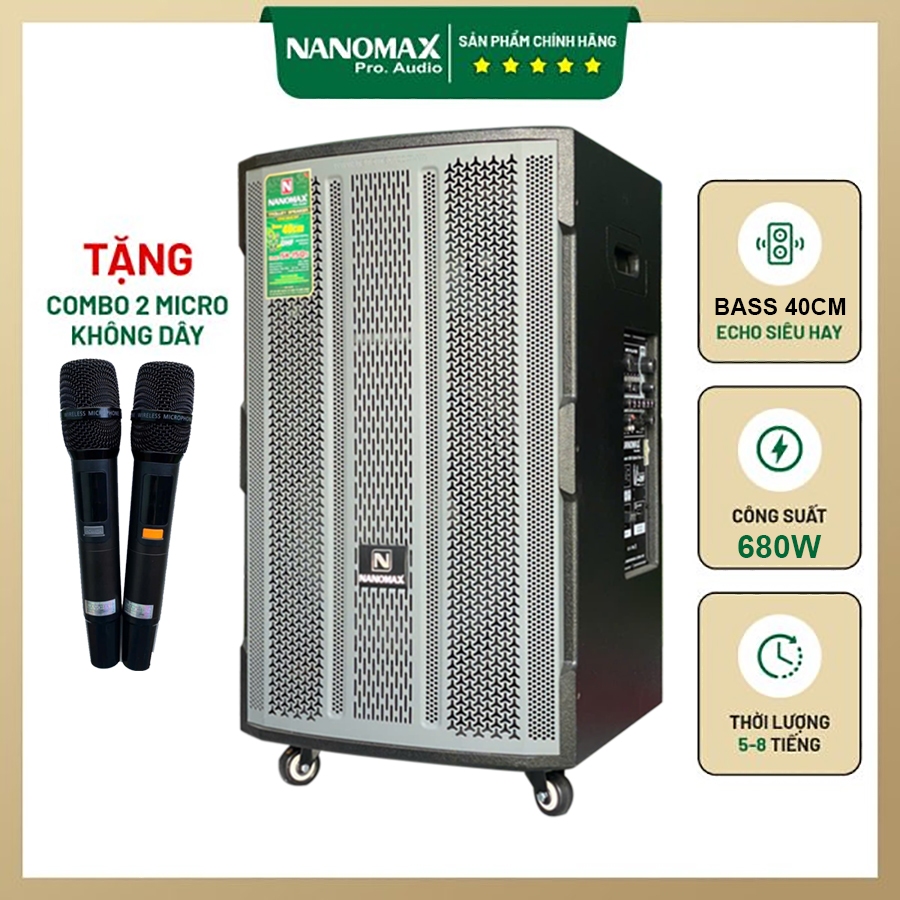 Loa Kéo Karaoke Công Suất Lớn 680| Nanomax SK-15Q5 Bass 40 | Bluetooth Tặng 2 Mic Đọc Được Usb