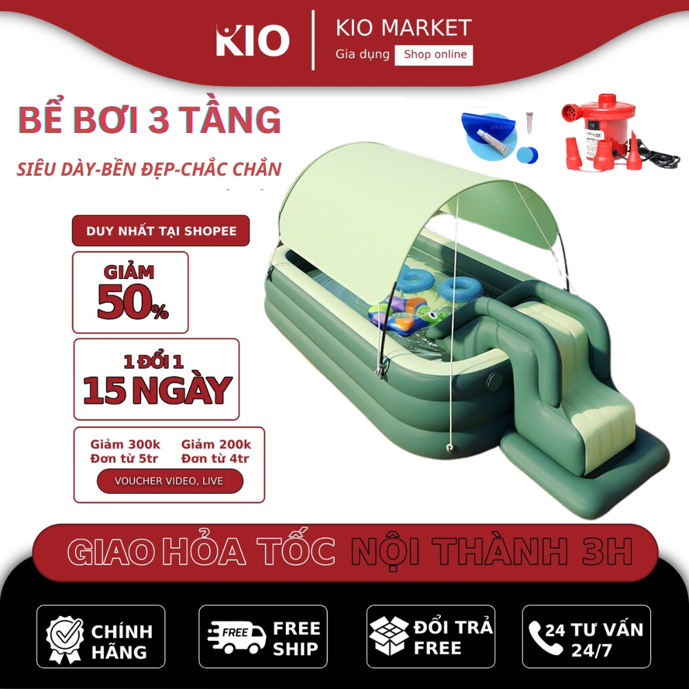 Phao bơi cho bé KAW Siêu To, có mái che nắng kèm cầu trượt chất lượng cao, giá tốt, chơi cực vui