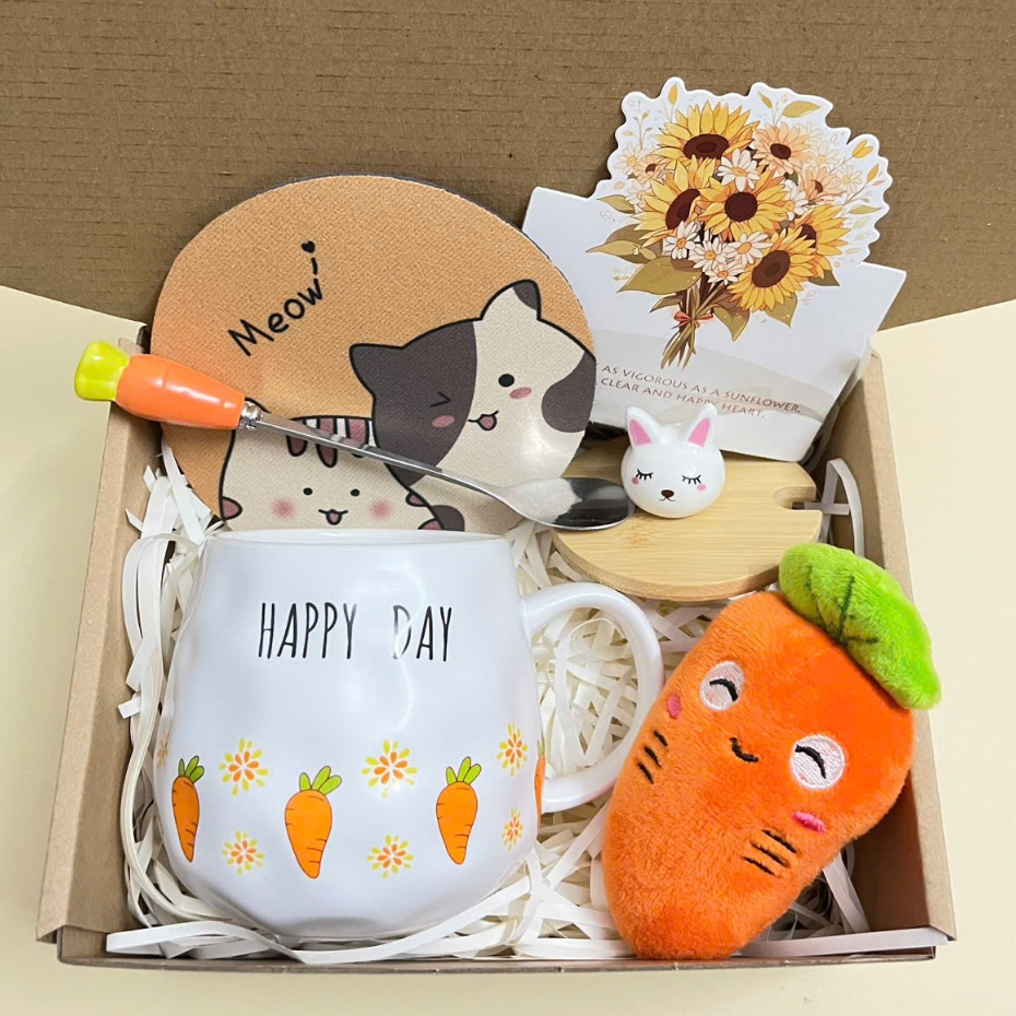 Set Quà Sinh Nhật Cho Nữ/ Nam, Set Quà Tặng Cốc Sứ Happy Day Cà Rốt Kèm Phụ Kiện Xinh Xắn Tặng Cho Bạn Bè, Người Thân