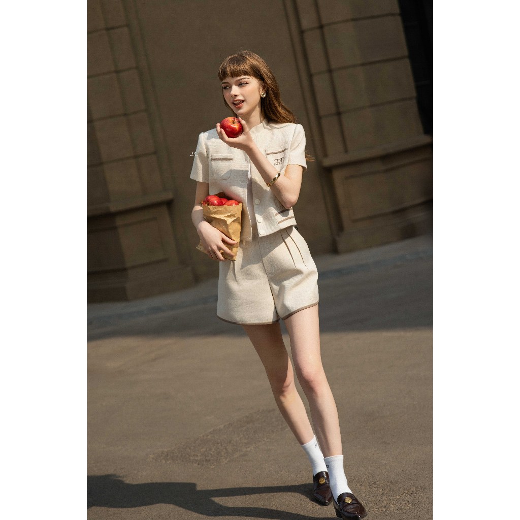 Set Áo dáng bomber phối lé, túi ốp tròn 5B01.2503K, Quần sooc phối lé gấu 3S04.2502K, set đồ áo khoác bomber quần short