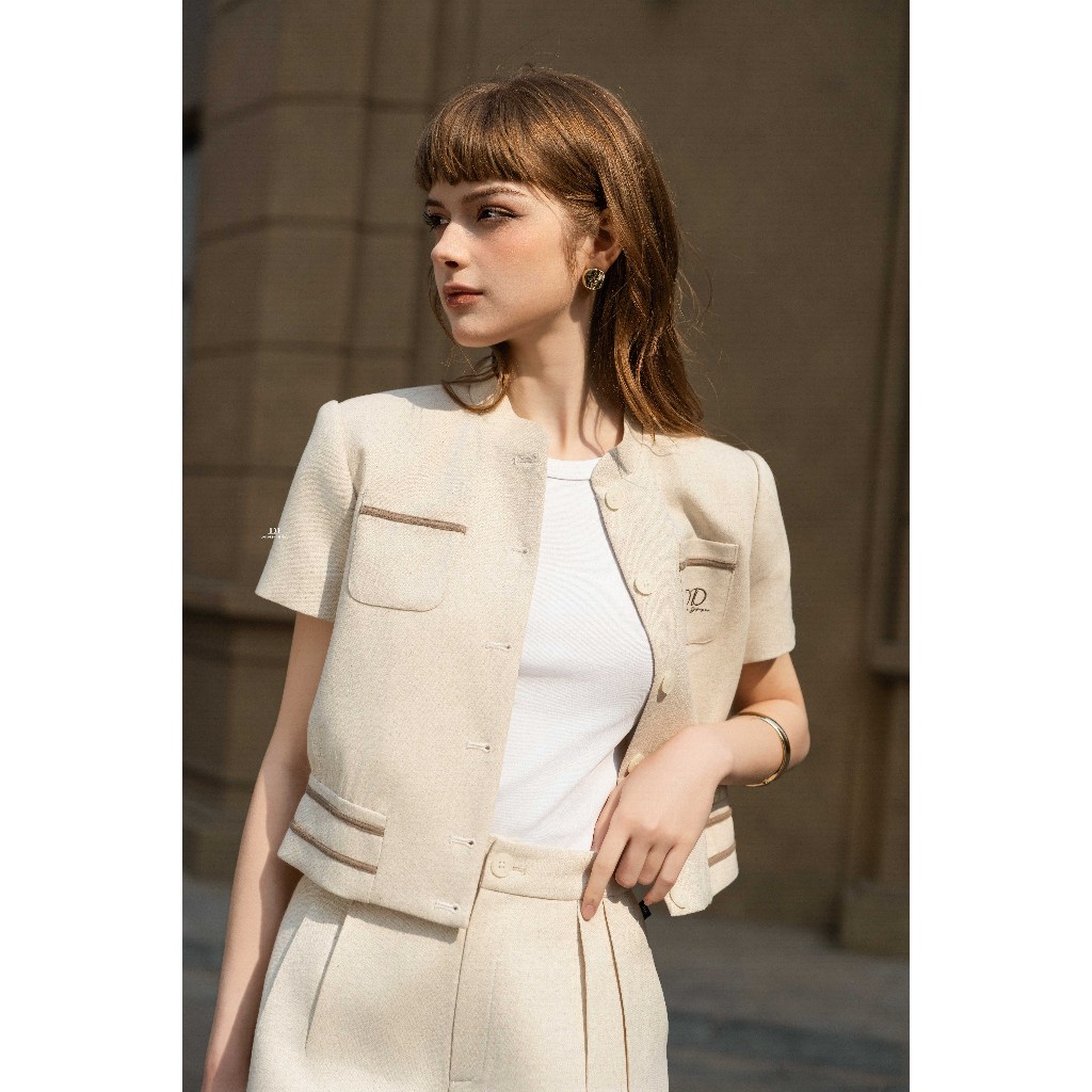 Set Áo dáng bomber phối lé, túi ốp tròn 5B01.2503K, Quần sooc phối lé gấu 3S04.2502K, set đồ áo khoác bomber quần short