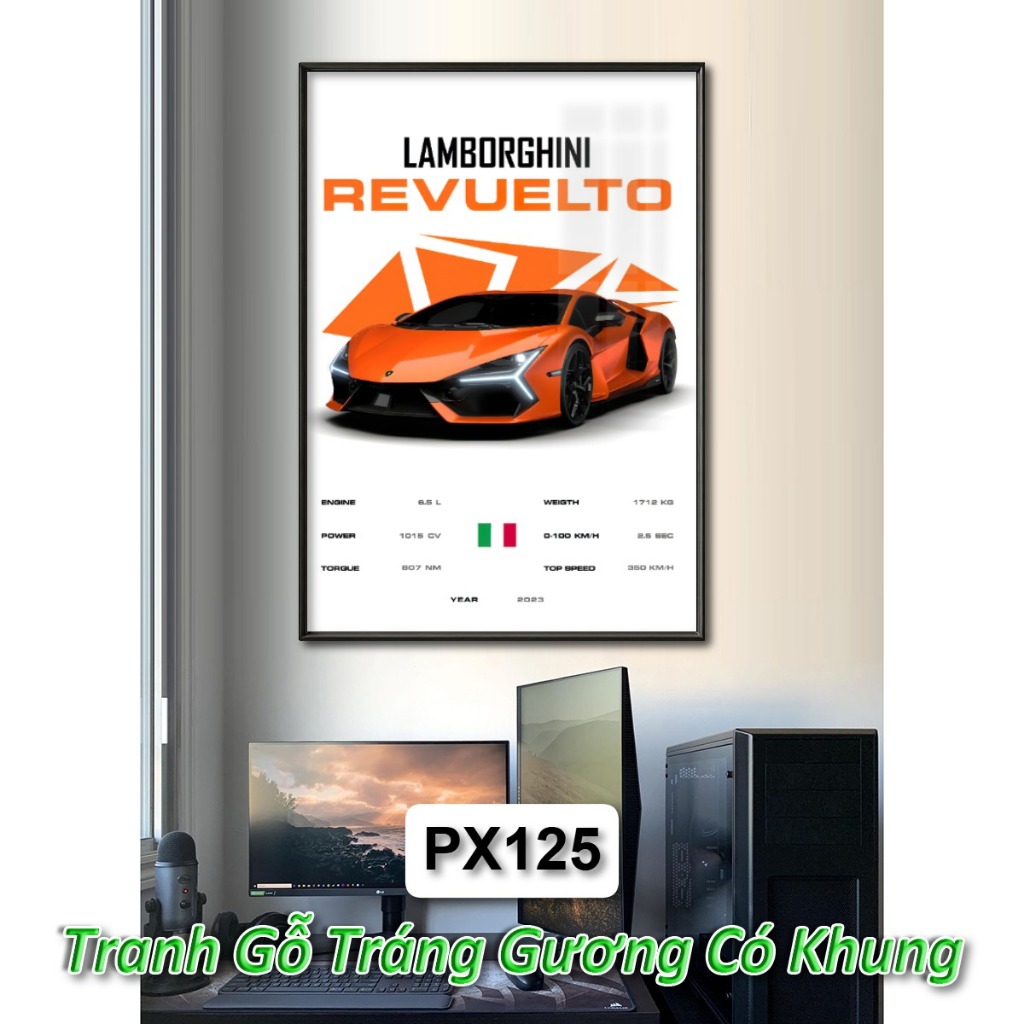 Tranh Poster Siêu Xe Ferrari, Lamborghini,... Tráng Gương Khung Composite Decor Treo Tường