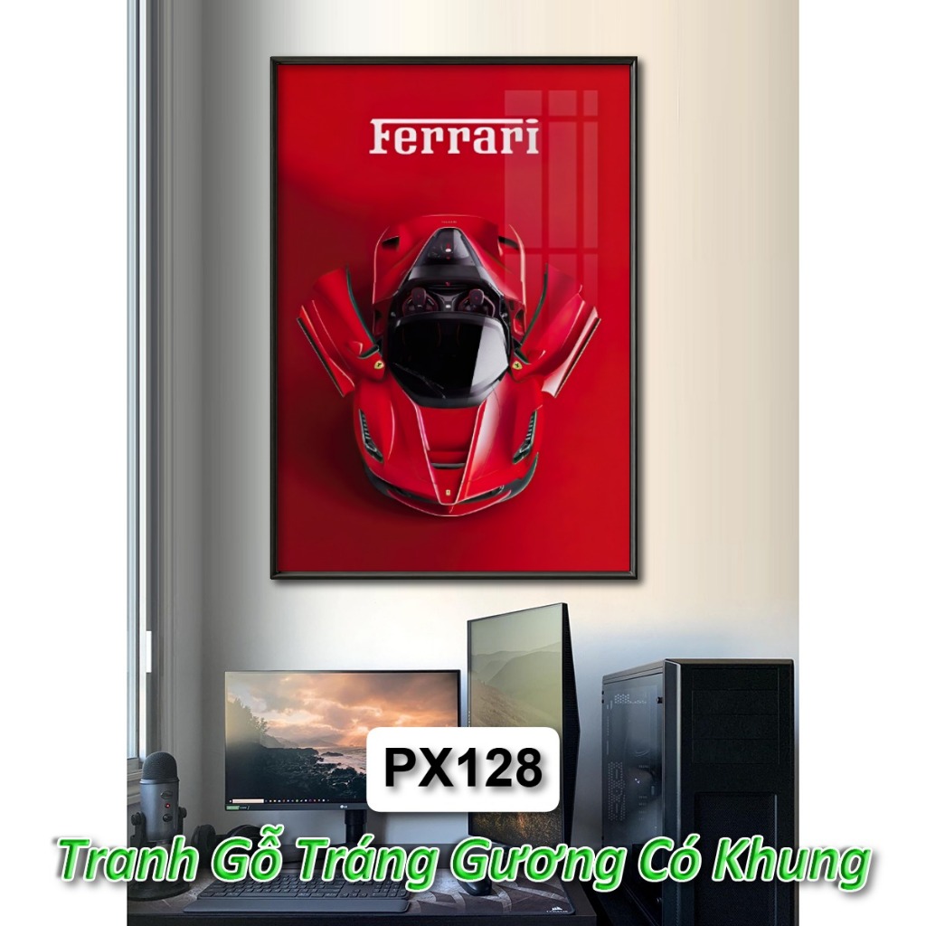 Tranh Poster Siêu Xe Ferrari, Lamborghini,... Tráng Gương Khung Composite Decor Treo Tường