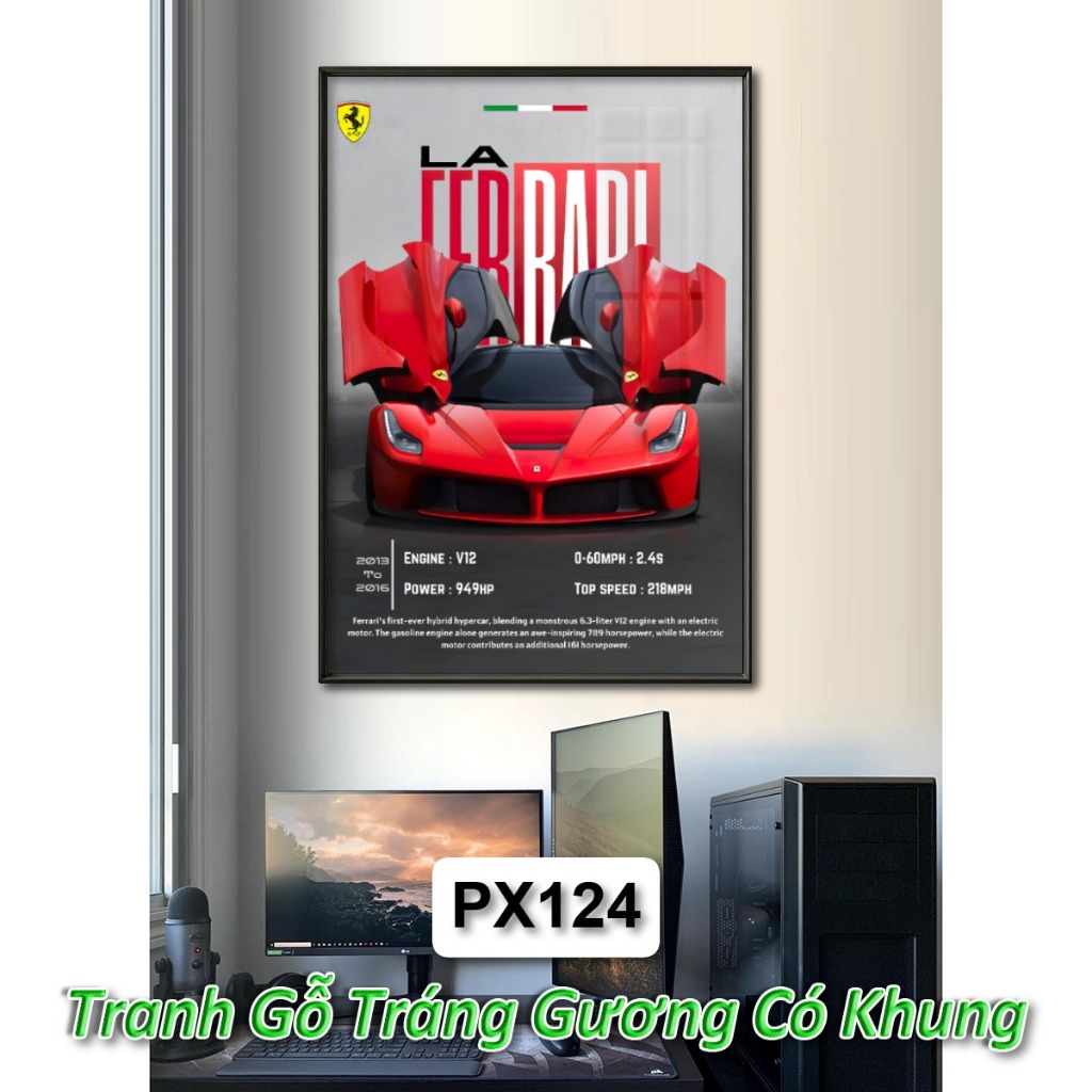 Tranh Poster Siêu Xe Ferrari, Lamborghini,... Tráng Gương Khung Composite Decor Treo Tường