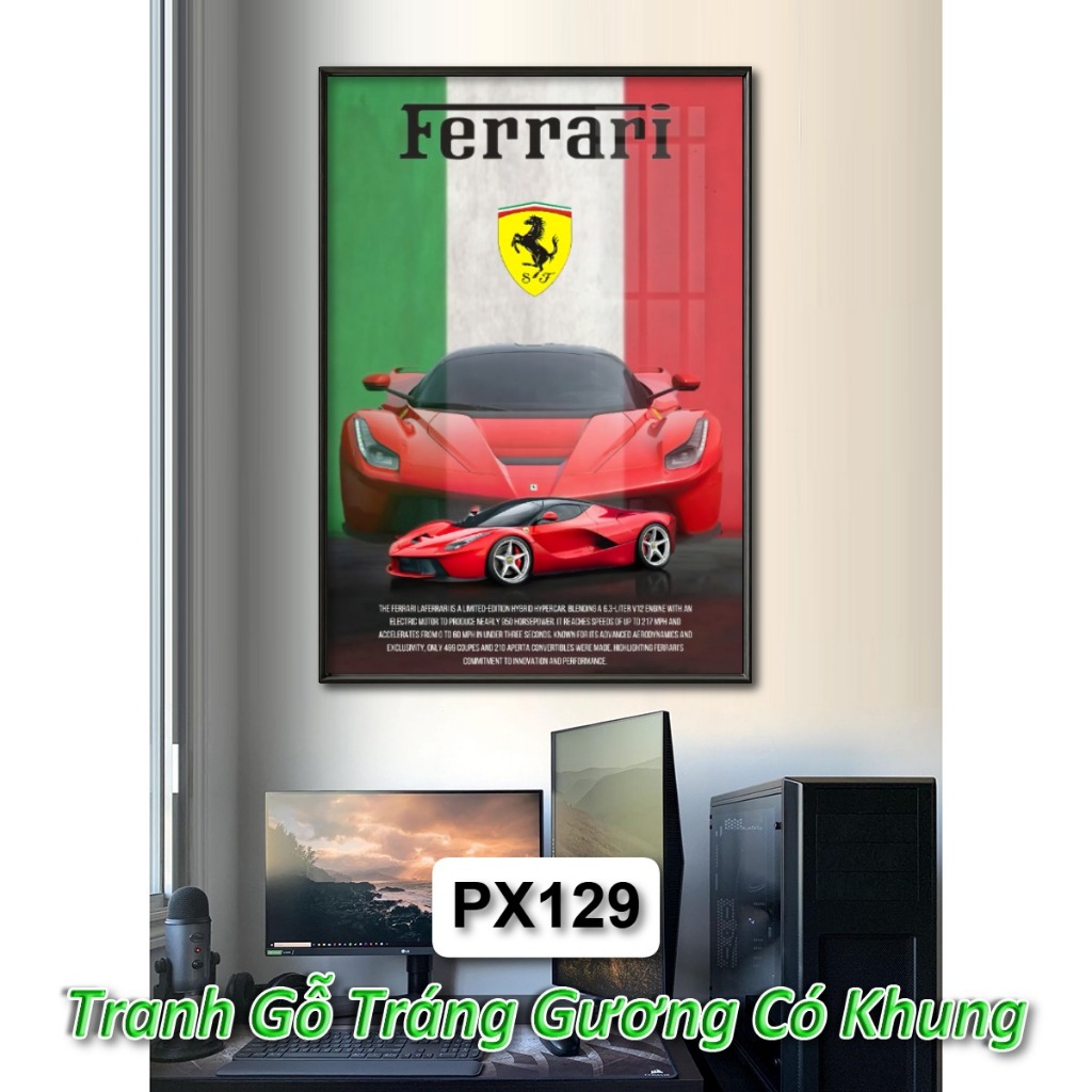 Tranh Poster Siêu Xe Ferrari, Lamborghini,... Tráng Gương Khung Composite Decor Treo Tường