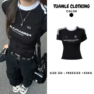 Áo Thun Babytee Nữ Cổ Tròn Phối Viền In Chữ TUANLECLOTHING Màu Đen Phong Cách Đơn Giản Đường Phố