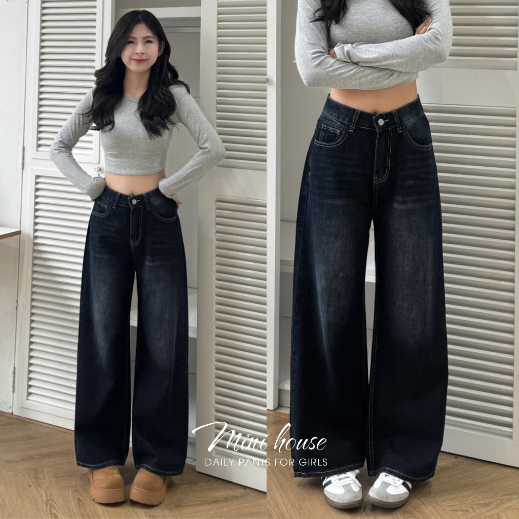 𝐌𝐢𝐧𝐢 𝐇𝐨𝐮𝐬𝐞 - Quần jeans ống rộng Wash trắng basic cho nữ Women MINI01 Ong Pants