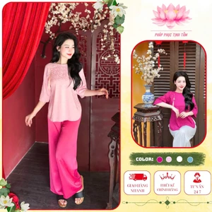 Pháp Phục Tịnh Tâm, Đồ Lam Đi Chùa Cổ Tròn Vạt Xuông Phối Charm Sang Trọng Phù Hợp Đi Lễ Chùa Kín Đáo 4 Size S,M,L,XL