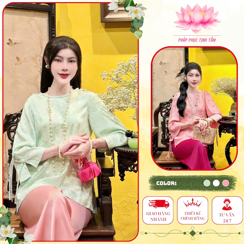 Pháp phục Tịnh Tâm, đồ lam đi chùa gấm mềm mại đính cầu vai sang trọng và thanh lịch 4 size S,M,L,XL