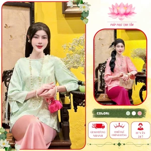 Pháp phục Tịnh Tâm, đồ lam đi chùa gấm mềm mại đính cầu vai sang trọng và thanh lịch 4 size S,M,L,XL
