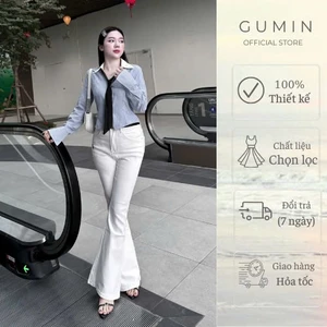 Set bộ áo sơ mi quần jean GUMIN thiết kế áo sơ mi cổ trắng mix cà vạt kèm quần jean loe thêu ngựa sang trọng