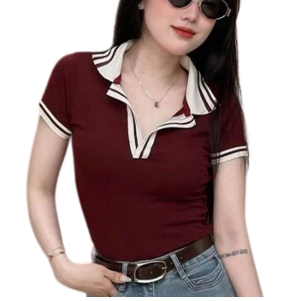 Áo thun nữ polo bigsize áo thun tay ngắn cổ trụ vải borip ôm body đẹp dễ thương ESHOP áo phong nữ MS371
