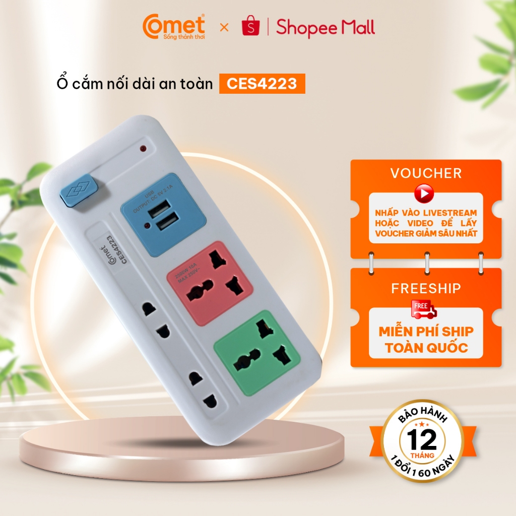 Ảnh Ổ Cắm Điện Đa Năng COMET Dây 85cm/2m/3m/5m, Công Suất 2500w/1800w, Chống Cháy, Chịu Nhiệt Cao, Công Tắc On/Off 1