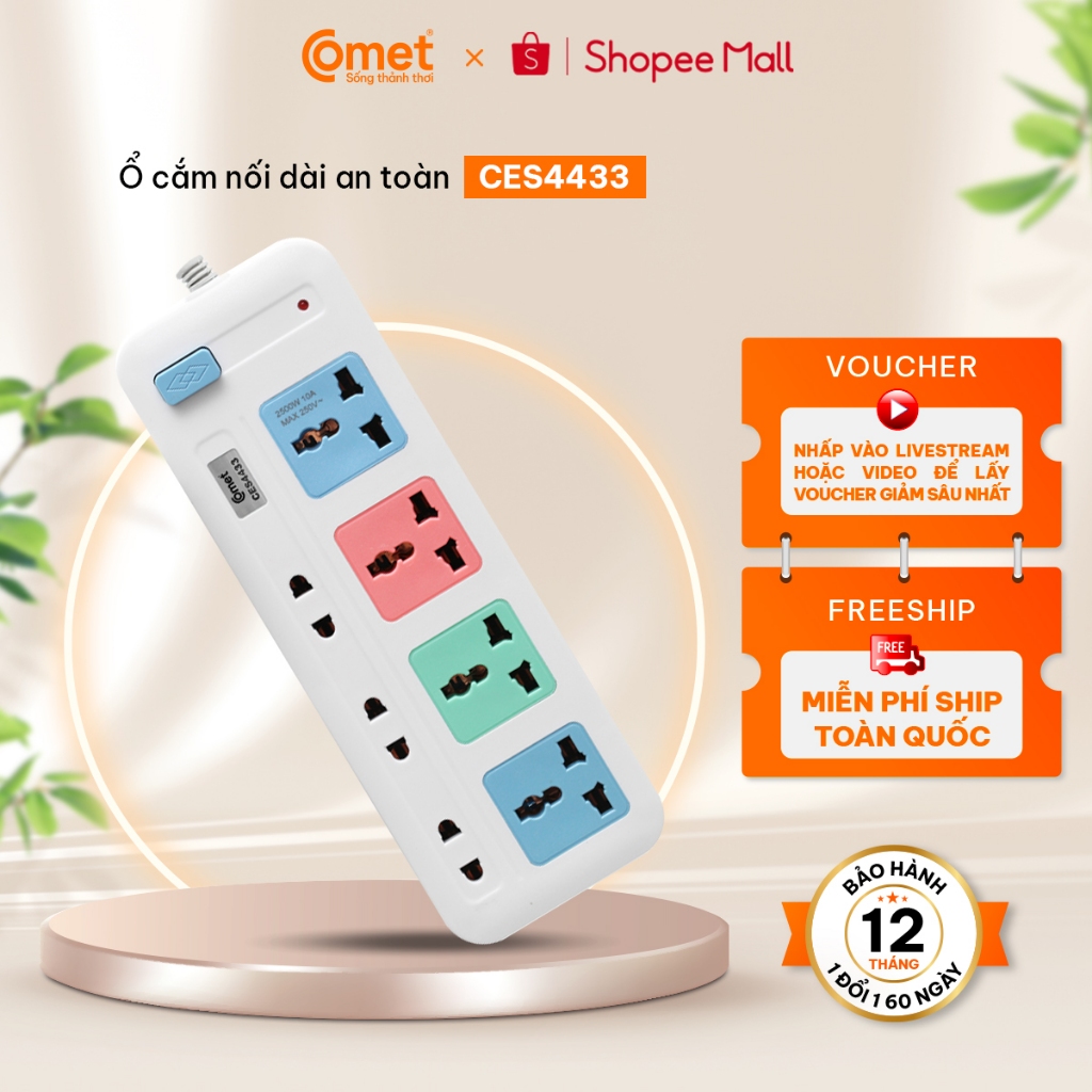 Ảnh Ổ Cắm Điện Đa Năng COMET Dây 85cm/2m/3m/5m, Công Suất 2500w/1800w, Chống Cháy, Chịu Nhiệt Cao, Công Tắc On/Off 2