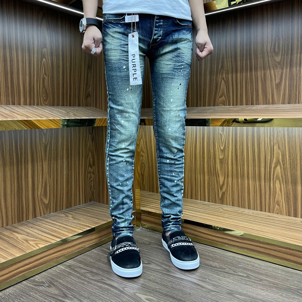 quần Jeans nam xanh rêu pơ pồ trơn màu bụi vảy sơn bốn cúc Menswear Menswear