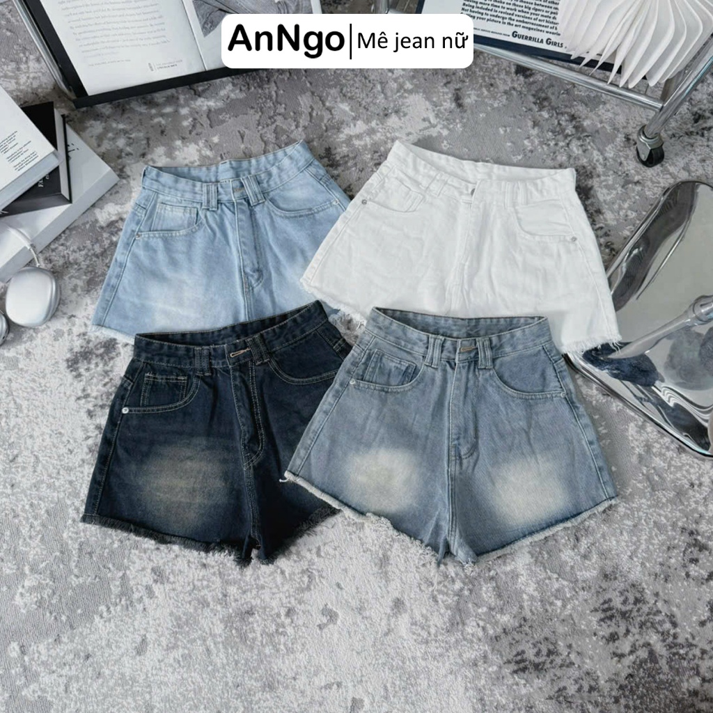 (Có big size) Quần short jean nữ lưng cao ống rộng không rách, loang màu nhẹ cá tính Anngo - AT527