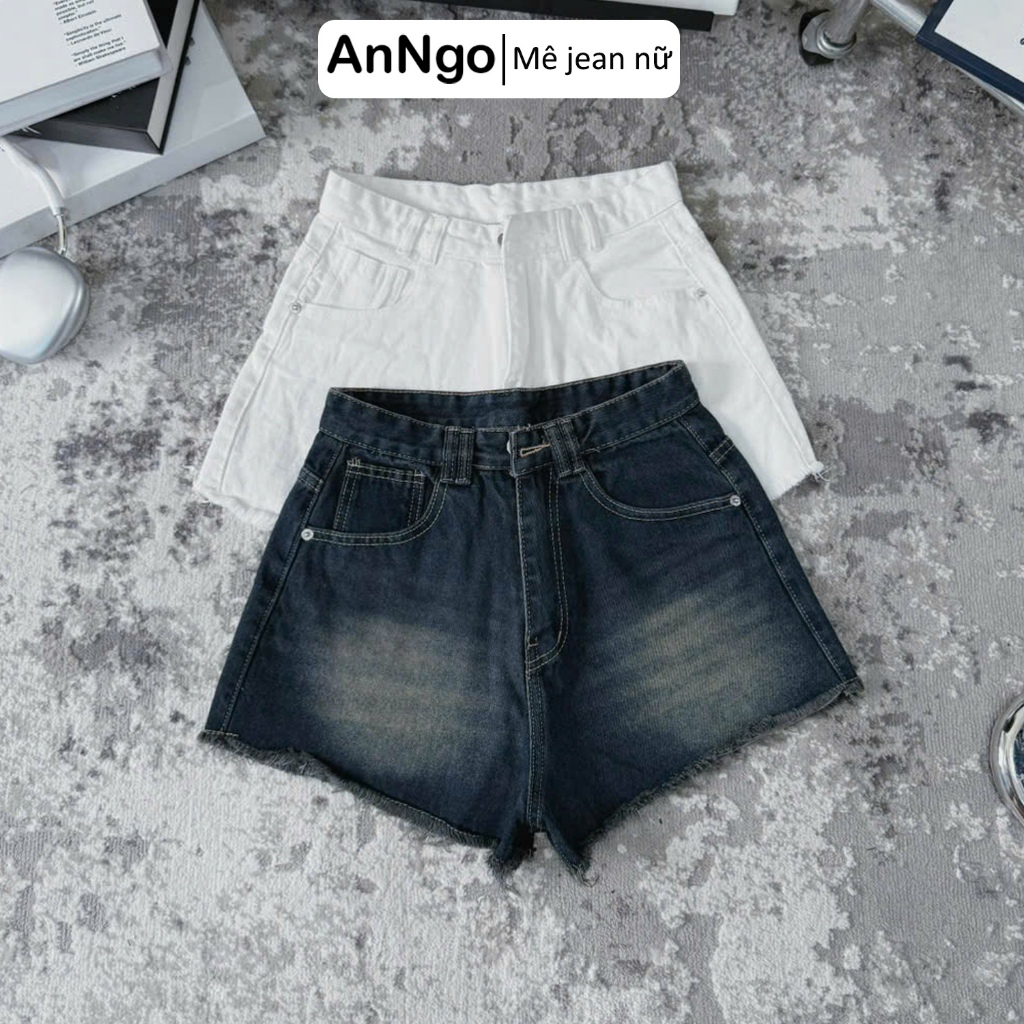 (Có big size) Quần short jean nữ lưng cao ống rộng không rách, loang màu nhẹ cá tính Anngo - AT527