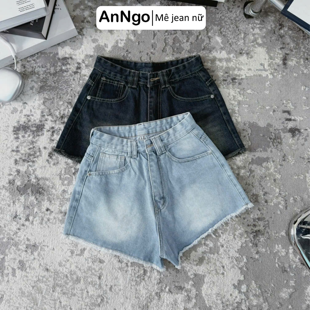 (Có big size) Quần short jean nữ lưng cao ống rộng không rách, loang màu nhẹ cá tính Anngo - AT527