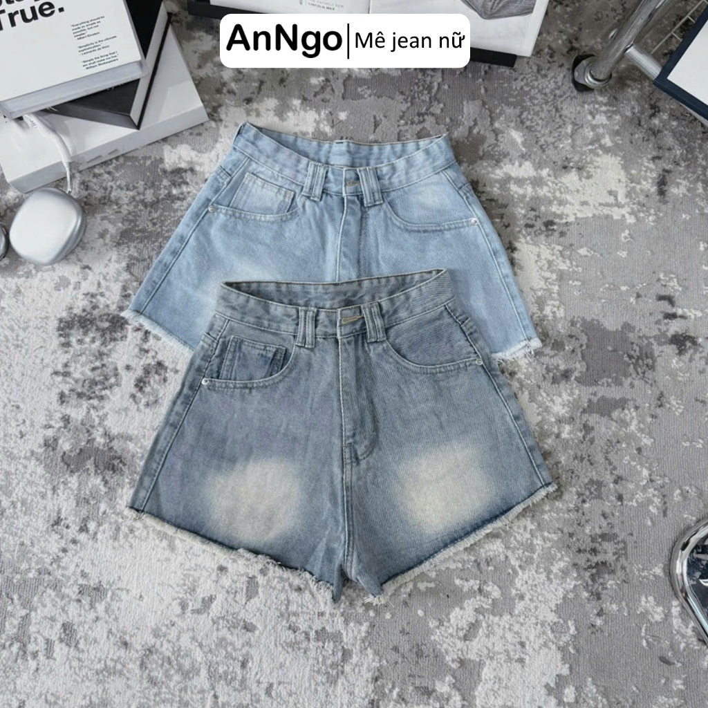 (Có big size) Quần short jean nữ lưng cao ống rộng không rách, loang màu nhẹ cá tính Anngo - AT527