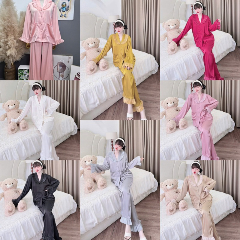 50-65kg Bộ pijama tiểu thư cổ sam phối voan óng lụa latin mềm mát