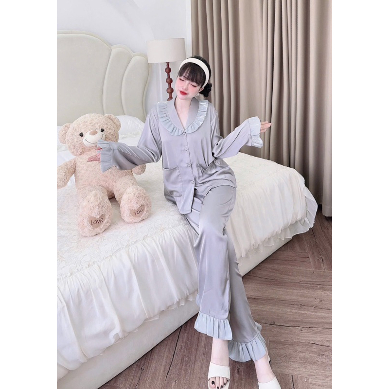 50-65kg Bộ pijama tiểu thư cổ sam phối voan óng lụa latin mềm mát